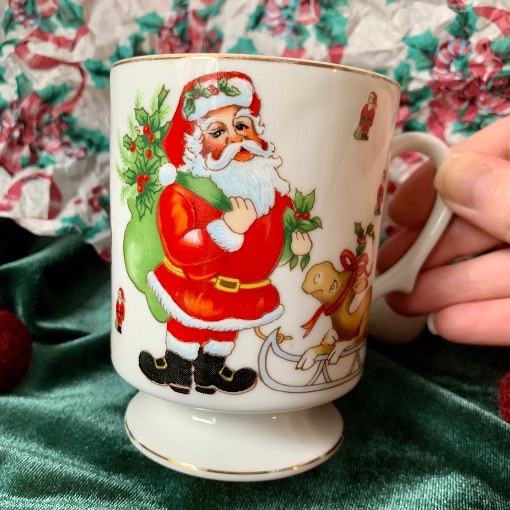 Vintage Lefton Santa & Reindeer Pedestal Mug 1984 Kitsch Cute Kitschmas
